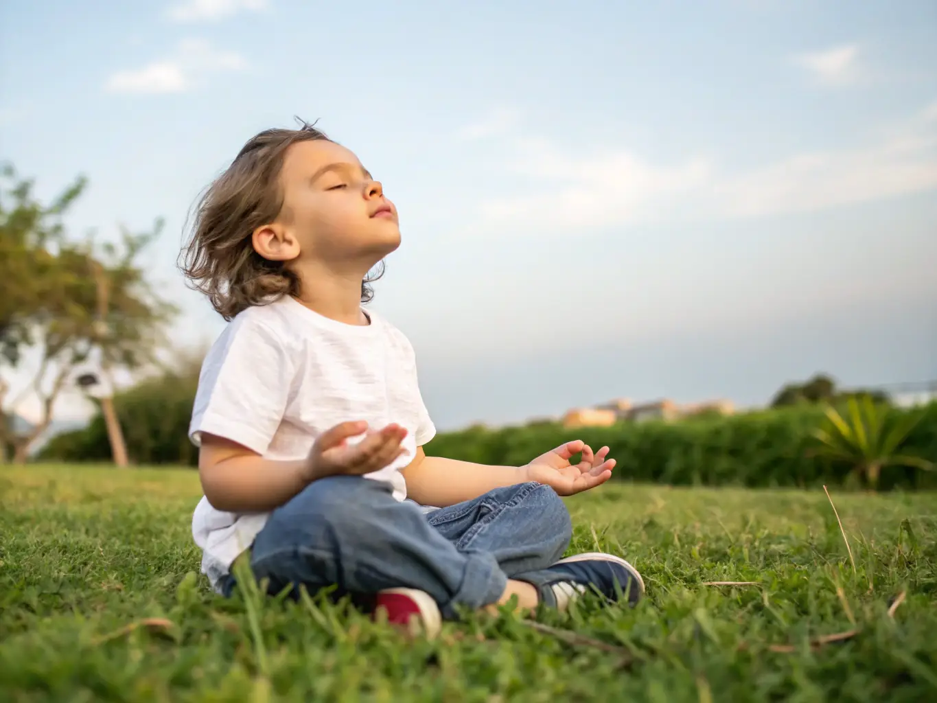 A serene image of a child practicing mindfulness or meditation in nature, representing nervous system regulation and inner peace.