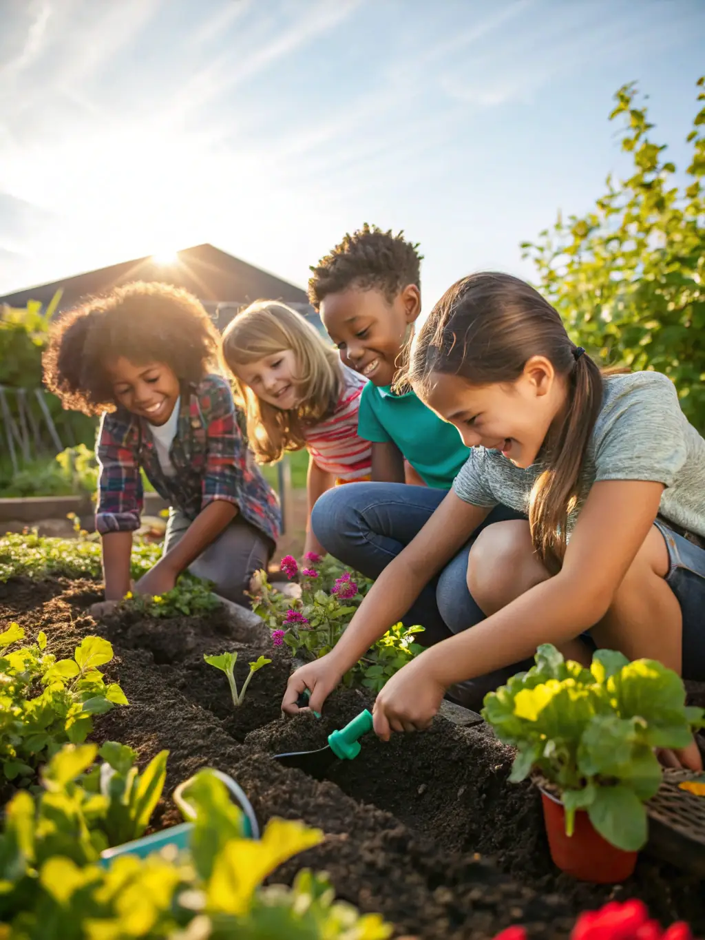 A colorful artwork showing children planting seeds in a garden, with smiles on their faces. The garden is filled with various plants and flowers, symbolizing growth, nurturing, and the cycle of life.